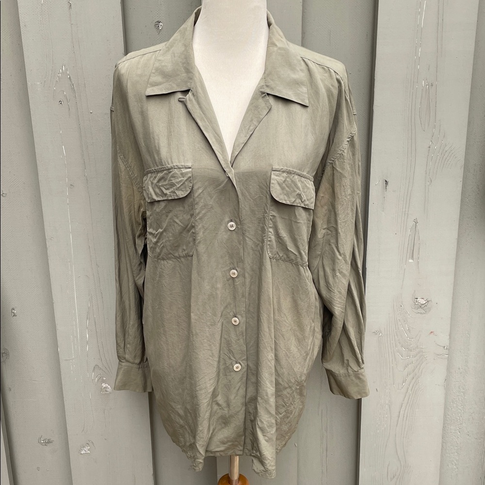 Lands End 100% Premium Silk Green Sage Button Down Blouse Plus Size 16